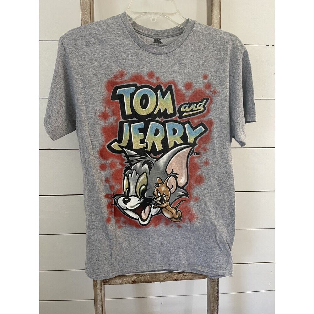 Tom And Jerry Mens Cartoon Airbrush Shirt Gray Short Sleeve JH6 Graphic Tee M